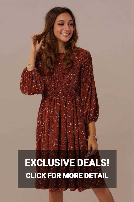 Rust 3/4 Length Sleeve Knee Length Floral Dress