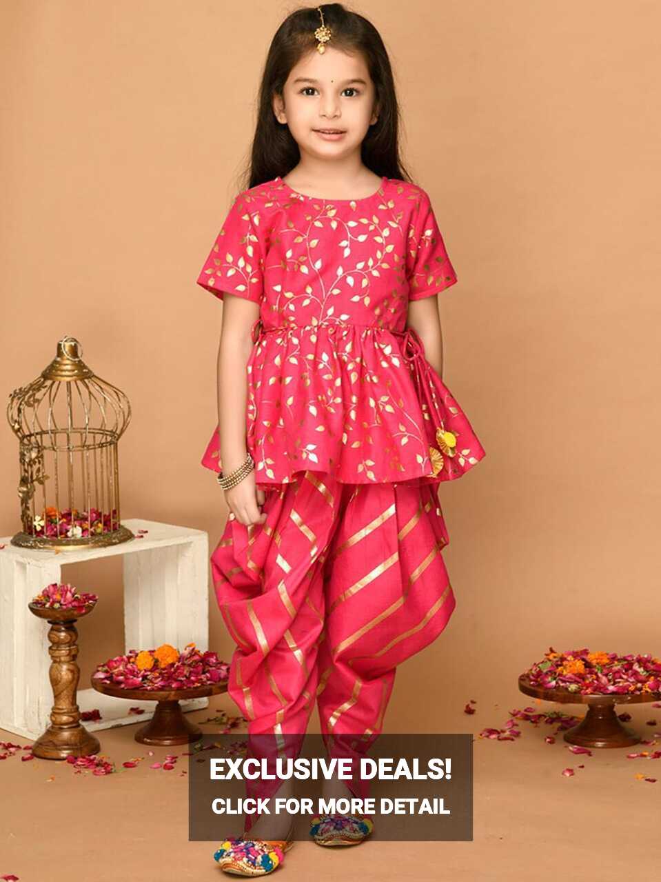 SAKA DESIGNS Girls Fuchsia Floral Printed Pleated Kurti with Dhoti ...