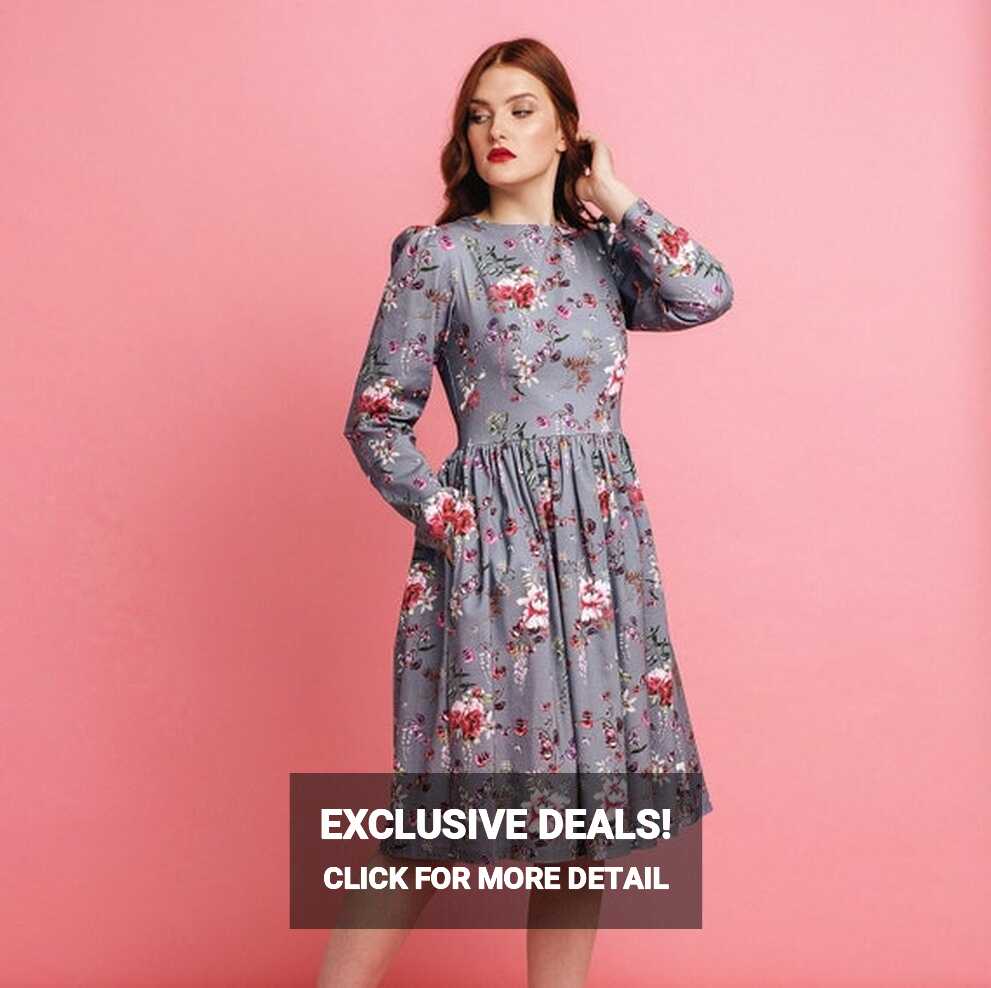 SALE / Floral Knee-length Dress MEADOW / Long Sleeve Cocktail ...