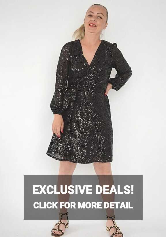 SALE&quot; Ex New Look Black Sequin Wrap Long Sleeve Belted Lined Party ...