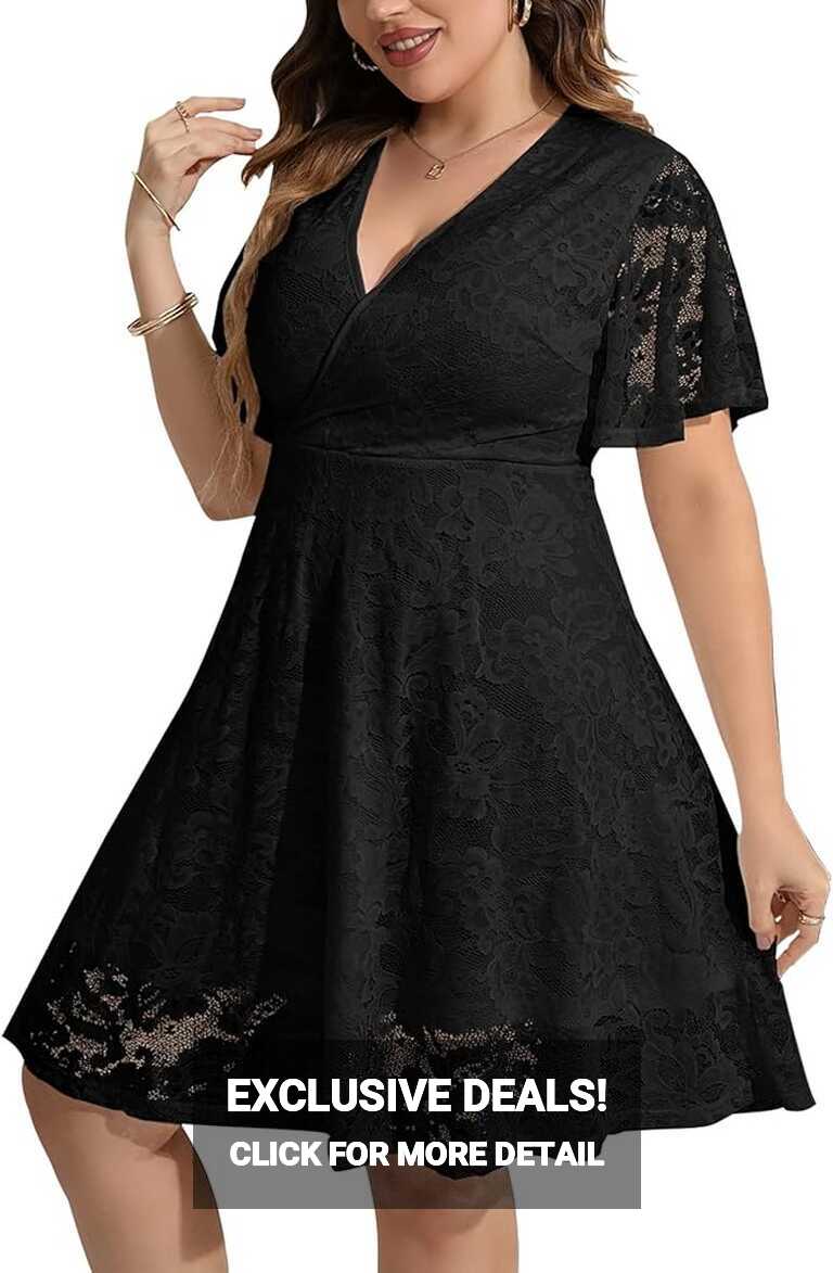 SCOMCHIC Women Plus Size Lace Cocktail Dresses Summer Wrap V Neck ...