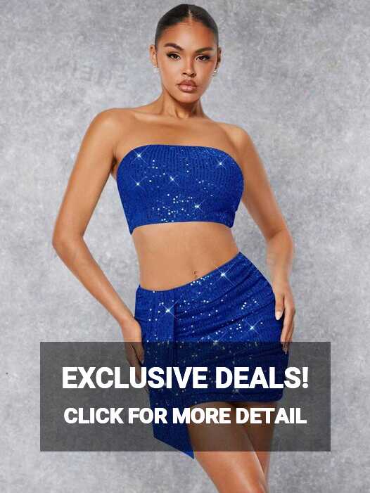 SHEIN BAE Ladies&#39; Blue Sequined Two Piece Set Including Skirt ...