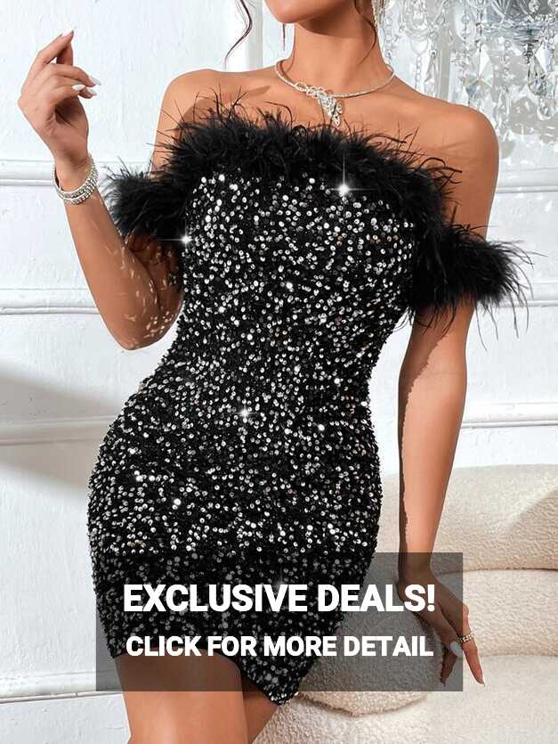 SHEIN BAE Off Shoulder Fuzzy Trim Sequin Zip Back Bodycon Dress ...