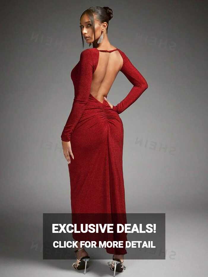 SHEIN BAE Party Dress For Women, Long Sleeve Red Ruched Bodycon ...