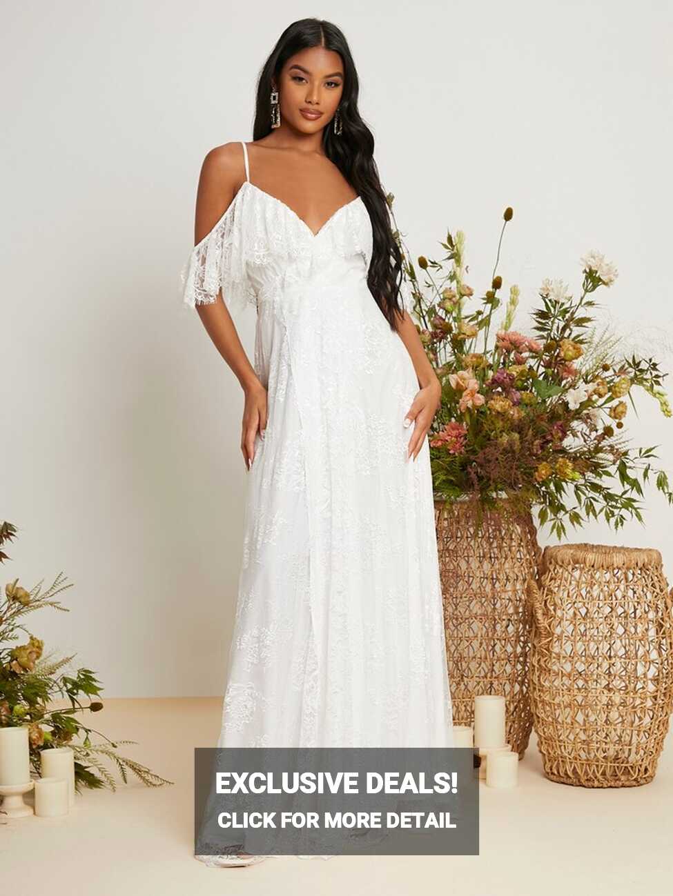 SHEIN Belle Cold Shoulder Eyelash Lace Wedding Dress | SHEIN USA