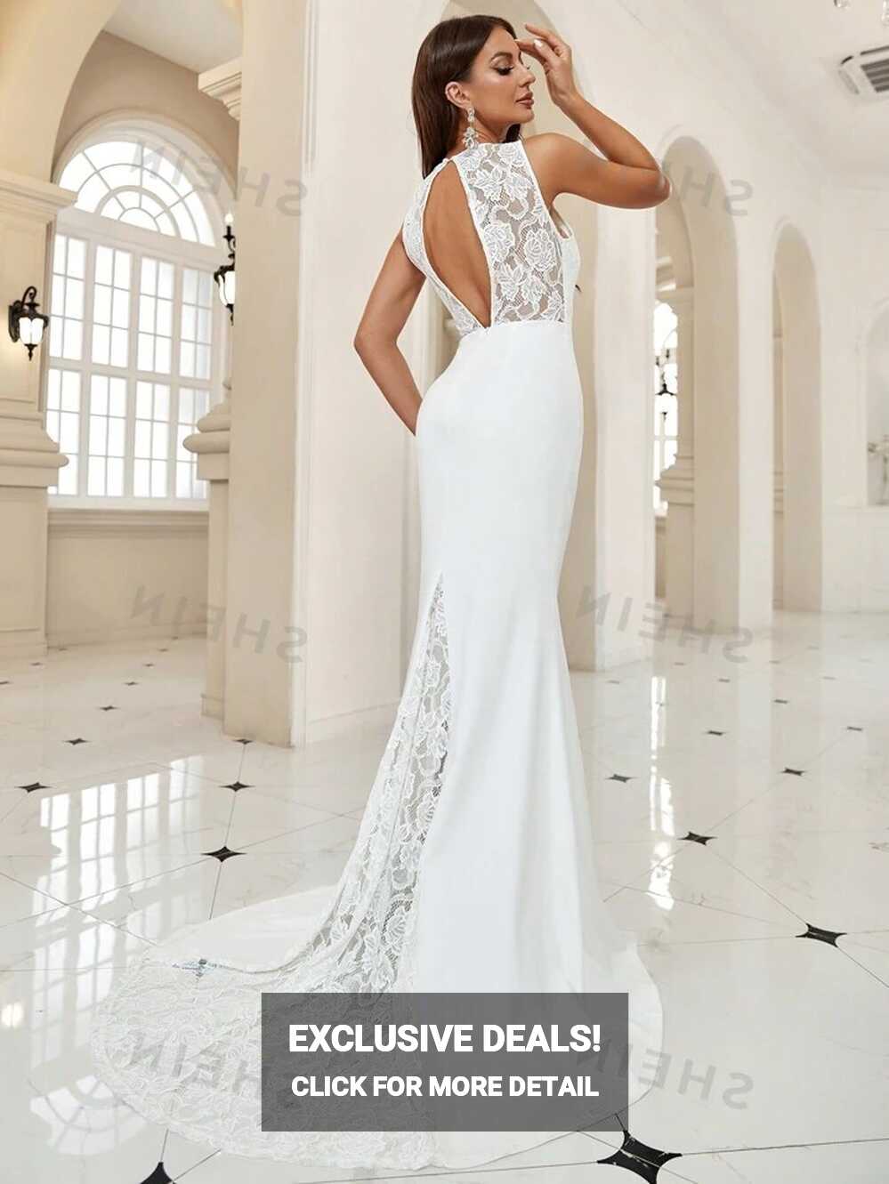 SHEIN Belle Contrast Lace Cut Out Backless Floor Length Wedding ...