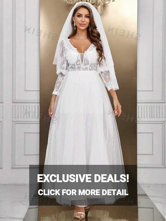 SHEIN Belle Contrast Lace Mesh Wedding Dress Without Veil | SHEIN USA