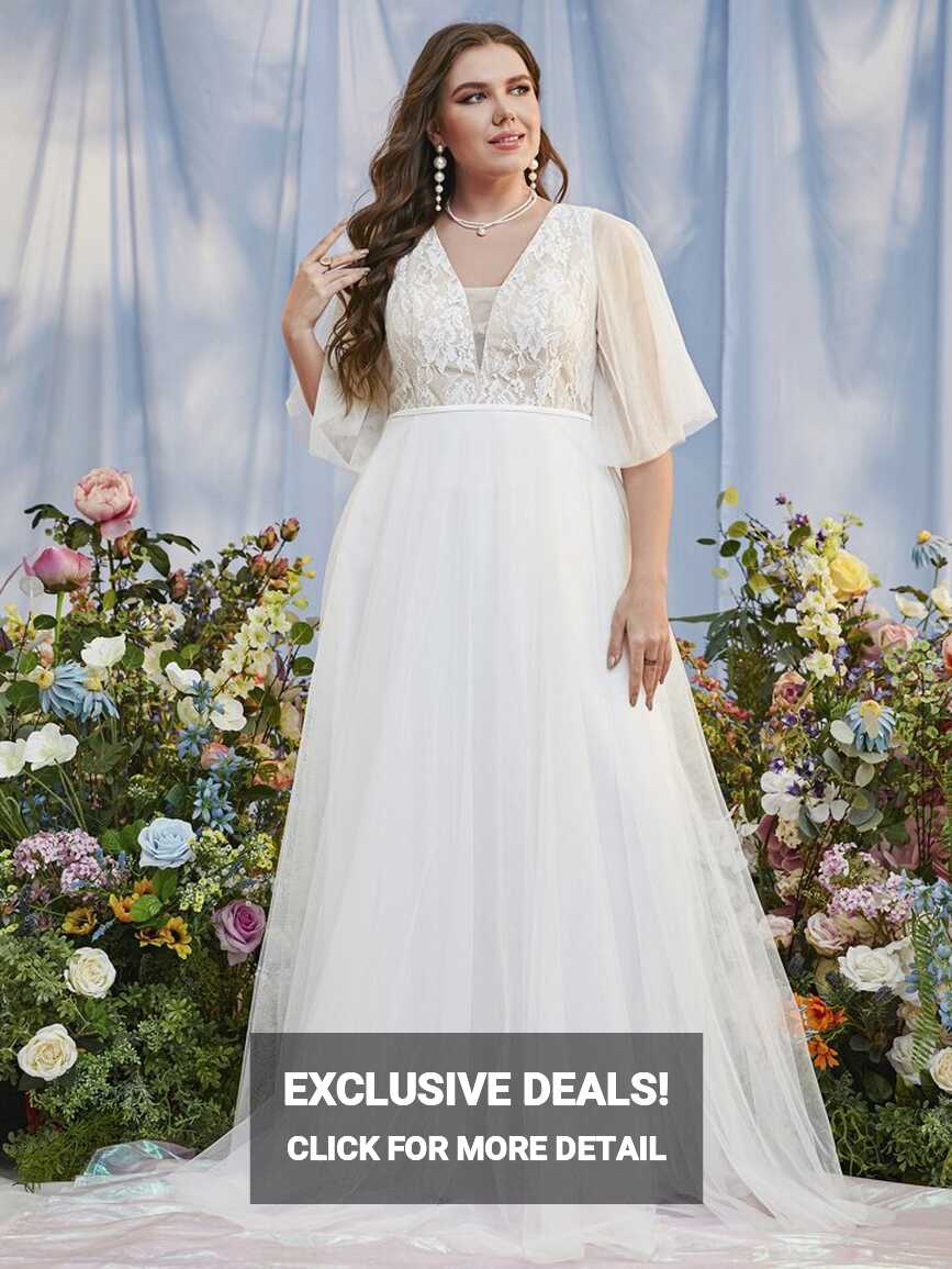 SHEIN Belle Plus Contrast Lace Flutter Sleeve Mesh Wedding Dress ...