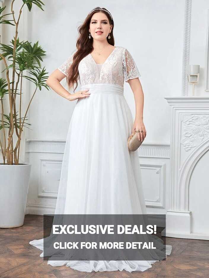 SHEIN Belle Plus Lace Panel Ruched Mesh Floor Length Wedding Dress ...