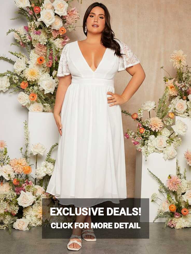 SHEIN Belle Plus Size Floral Lace Butterfly Sleeve Wedding Dress ...