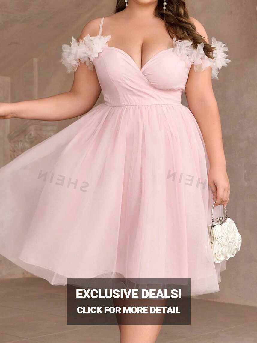 SHEIN Belle Plus Size Pink Elegant Romantic Mesh 3d Floral ...