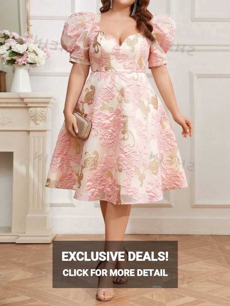 SHEIN Belle Plus Size Puff Short Sleeves Satin Jacquard Party ...