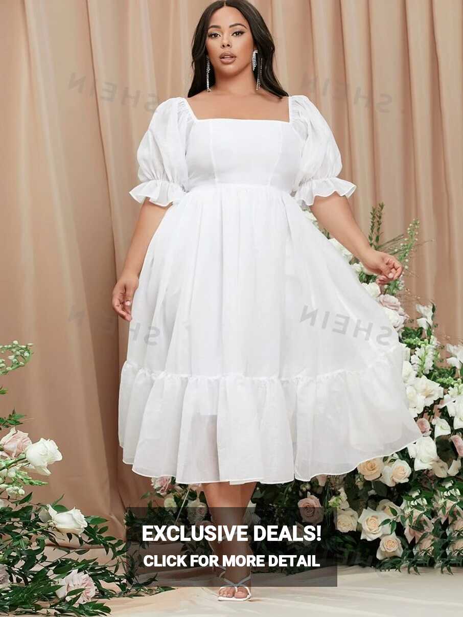 SHEIN Belle Plus Square Neck Puff Sleeve Milkmaid Wedding Dress ...