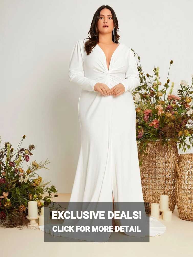 SHEIN Belle Plus Twist Front Plunging Neck Slit Hem Wedding Dress ...