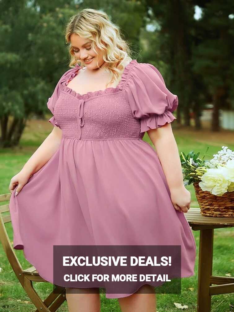 SHEIN CURVE+ Plus Sweetheart Neck Puff Sleeve Frill Trim Dress for ...