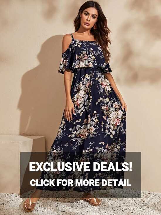 SHEIN Cold Shoulder Flounce Foldover Floral Dress