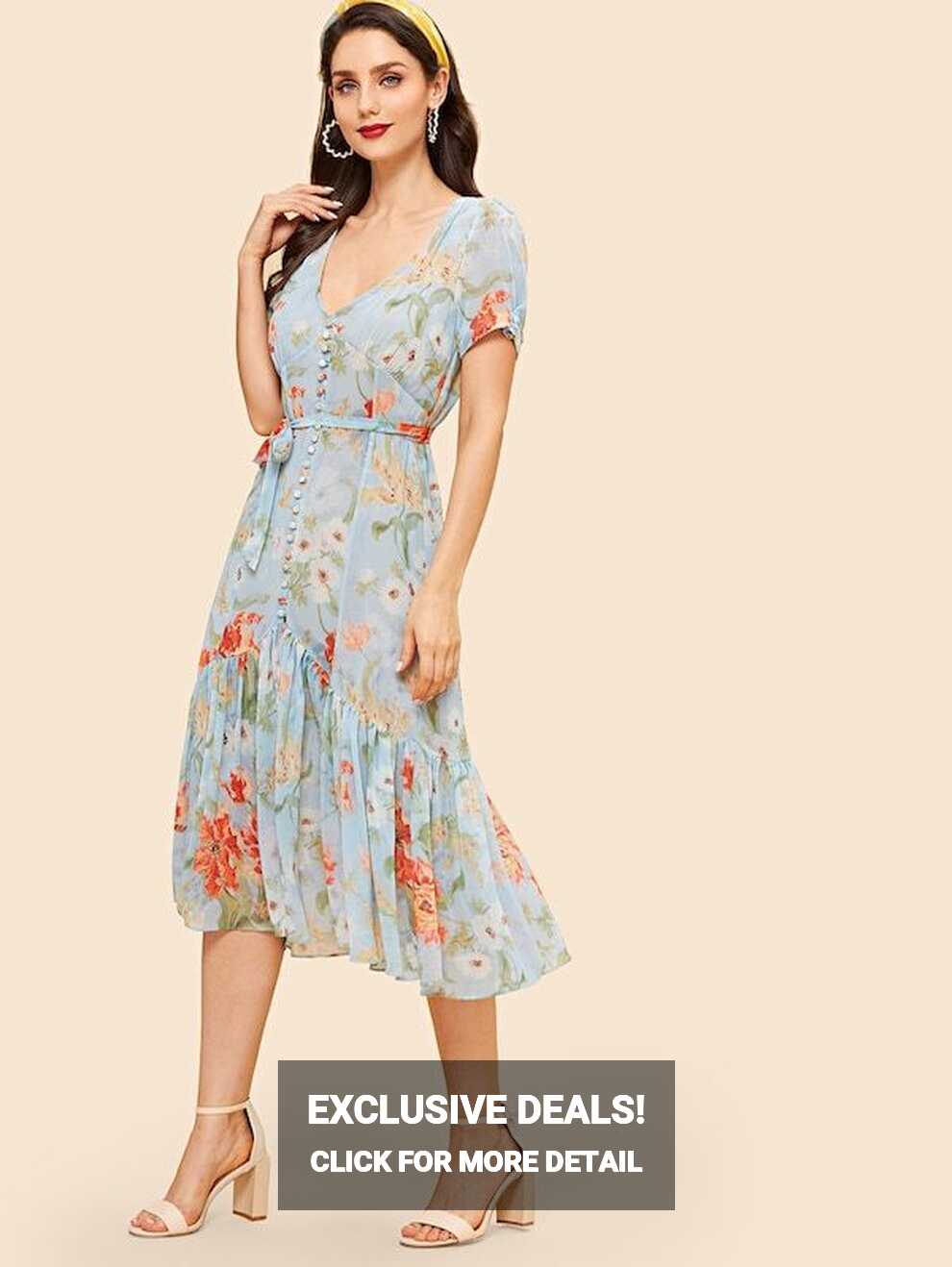 SHEIN Covered Button Through Ruffle Hem Floral Dress