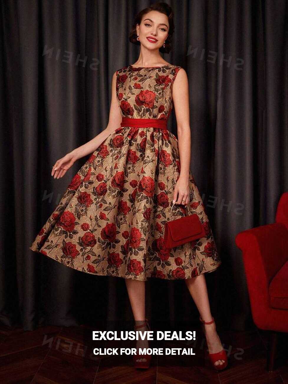 SHEIN DECDS Vintage Elegant Floral Print Belted Club Women Outfits ...