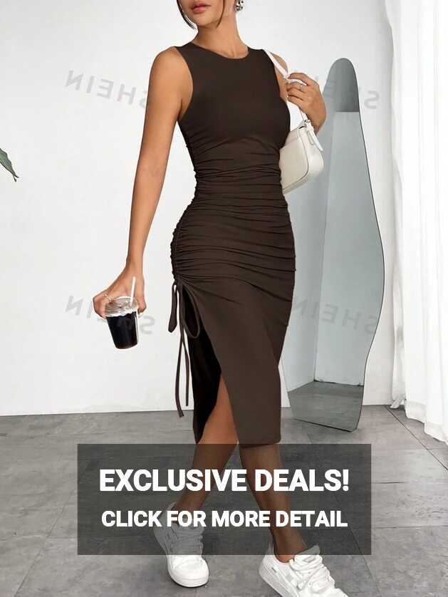 SHEIN EZwear Brown Knitted Sleeveless Bodycon Dress With Pleated ...