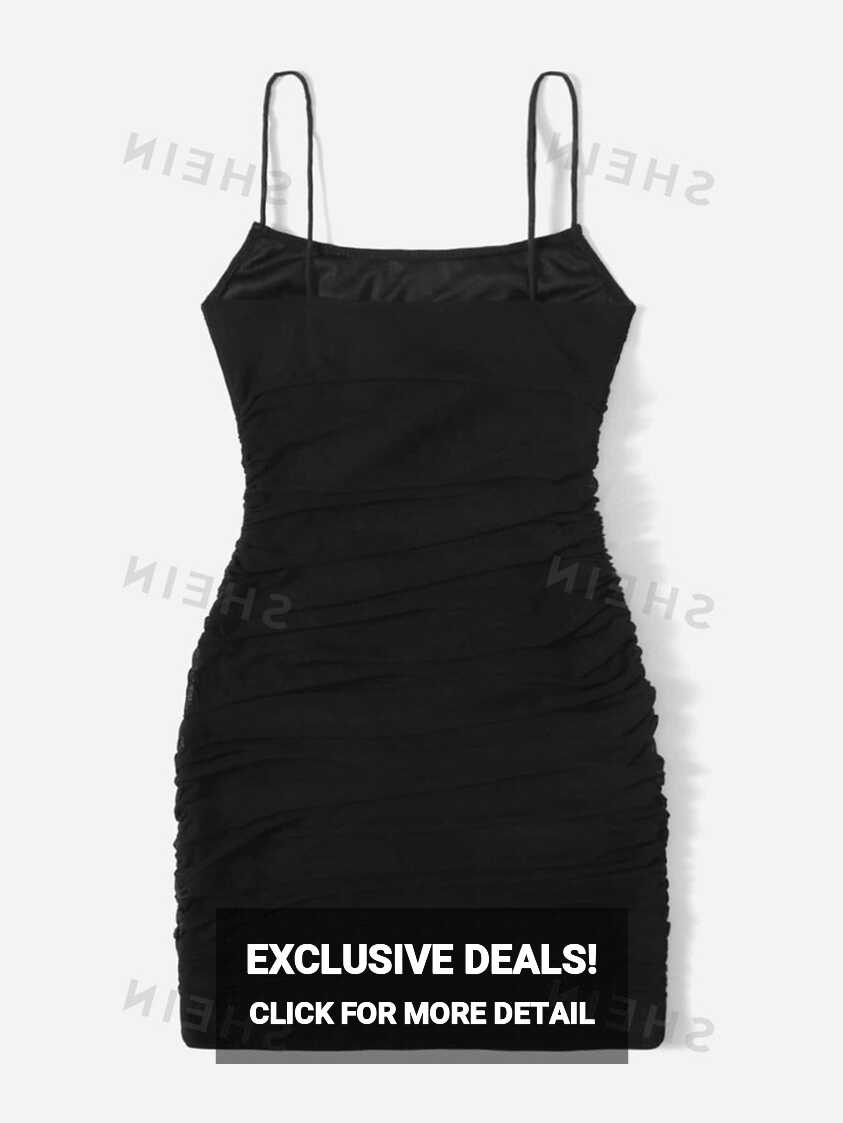 SHEIN EZwear Summer Solid Black Ruched Mesh Bodycon Short Dress ...