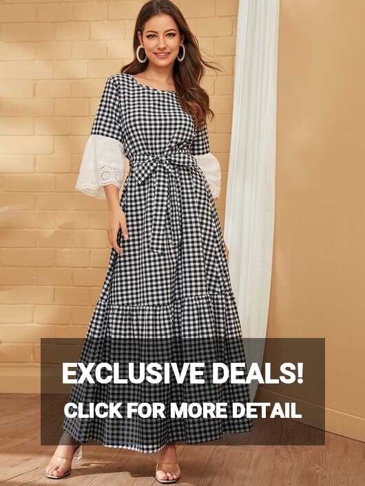 SHEIN Embroidery Eyelet Cuff Belted Gingham Maxi Dress