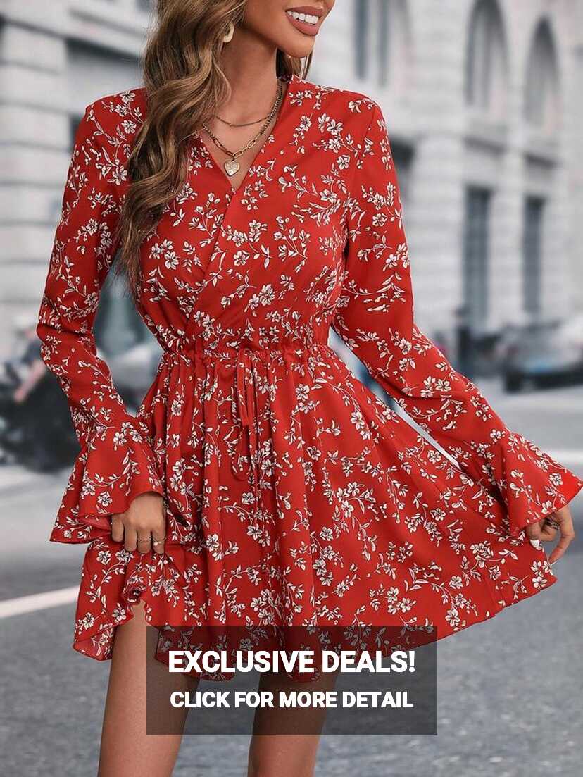 SHEIN Essnce Allover Floral Print Flounce Sleeve Dress | SHEIN