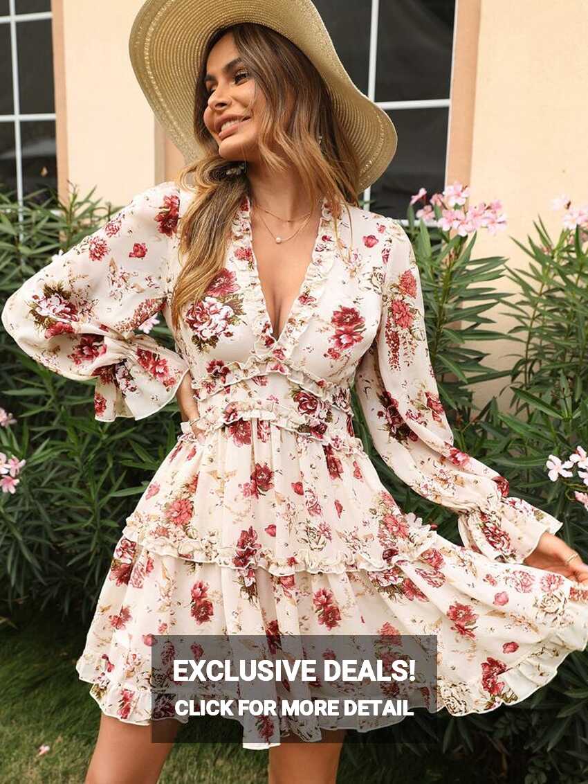 SHEIN Floral Print Bell Sleeve Layered Frill Dress | SHEIN USA