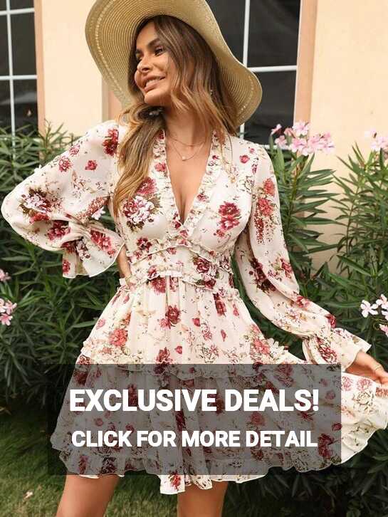 SHEIN Floral Print Bell Sleeve Layered Frill Dress