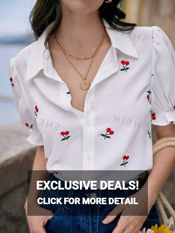 SHEIN Frenchy Cherry Embroidery Puff Sleeve Shirt Summer Tops ...