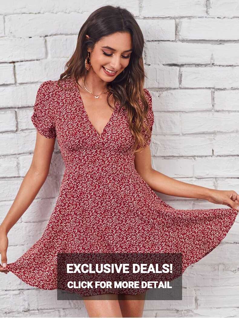 SHEIN Gathered Sleeve Ditsy Floral Dress | SHEIN USA