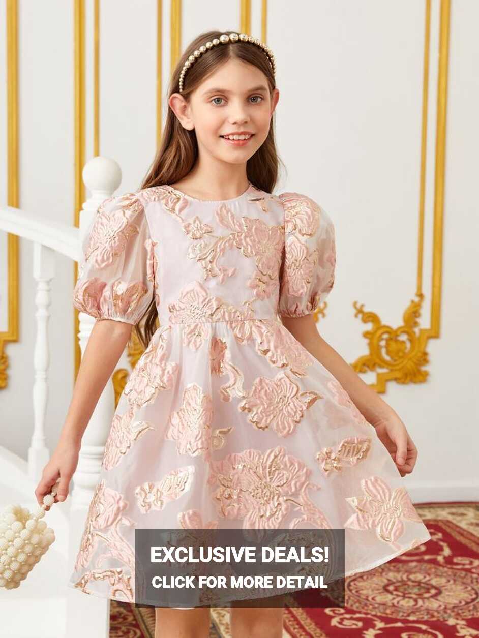 SHEIN Girls 1pc Floral Jacquard Puff Sleeve Dress | SHEIN USA