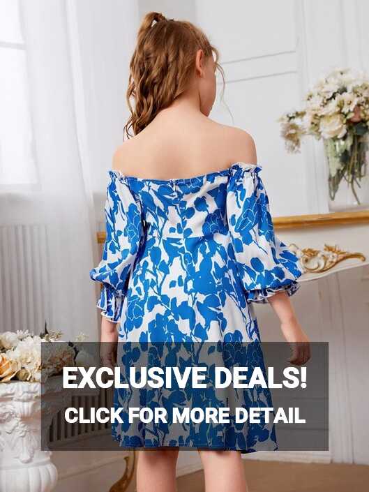 SHEIN Girls Floral Print Off Shoulder Frill Dress | SHEIN