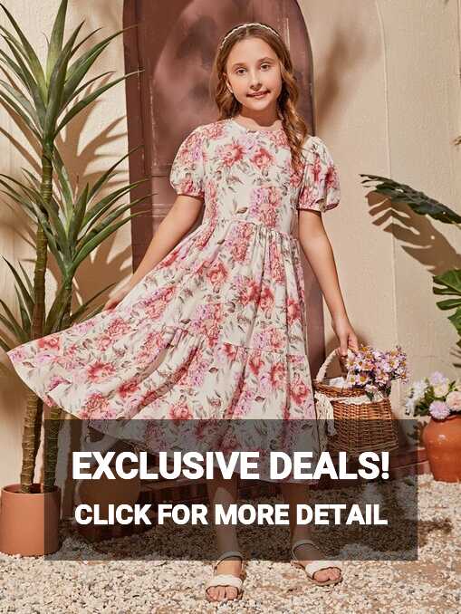 SHEIN Girls Floral Print Puff Sleeve Ruffle Hem Dress | SHEIN USA