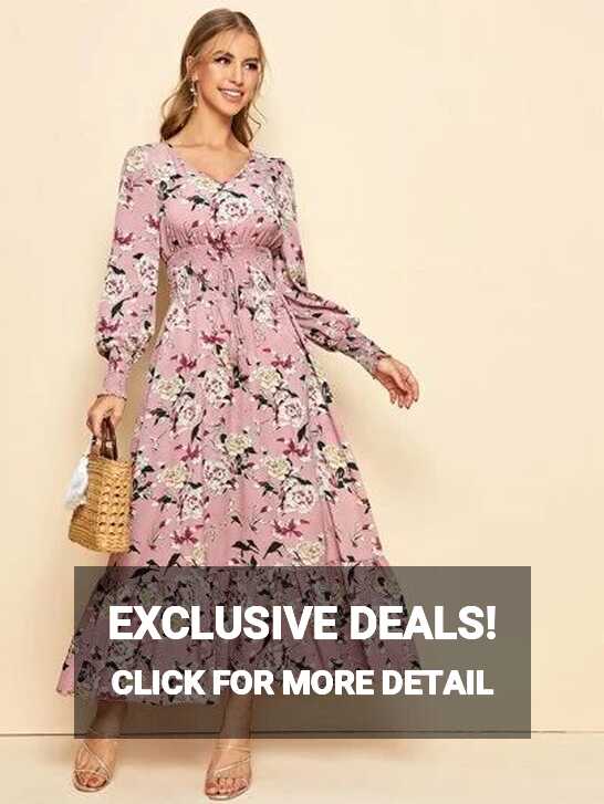 SHEIN Knot Shirred Waist Flounce Hem Floral Dress