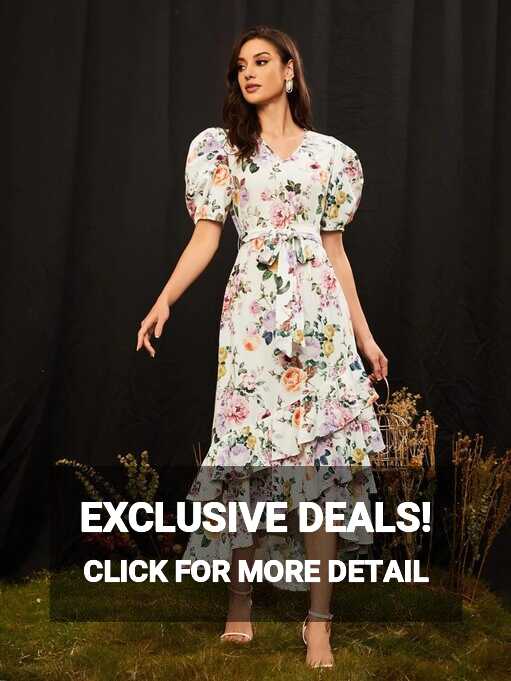 SHEIN Mulvari Allover Floral Print Belted Layered Hem Dress | SHEIN