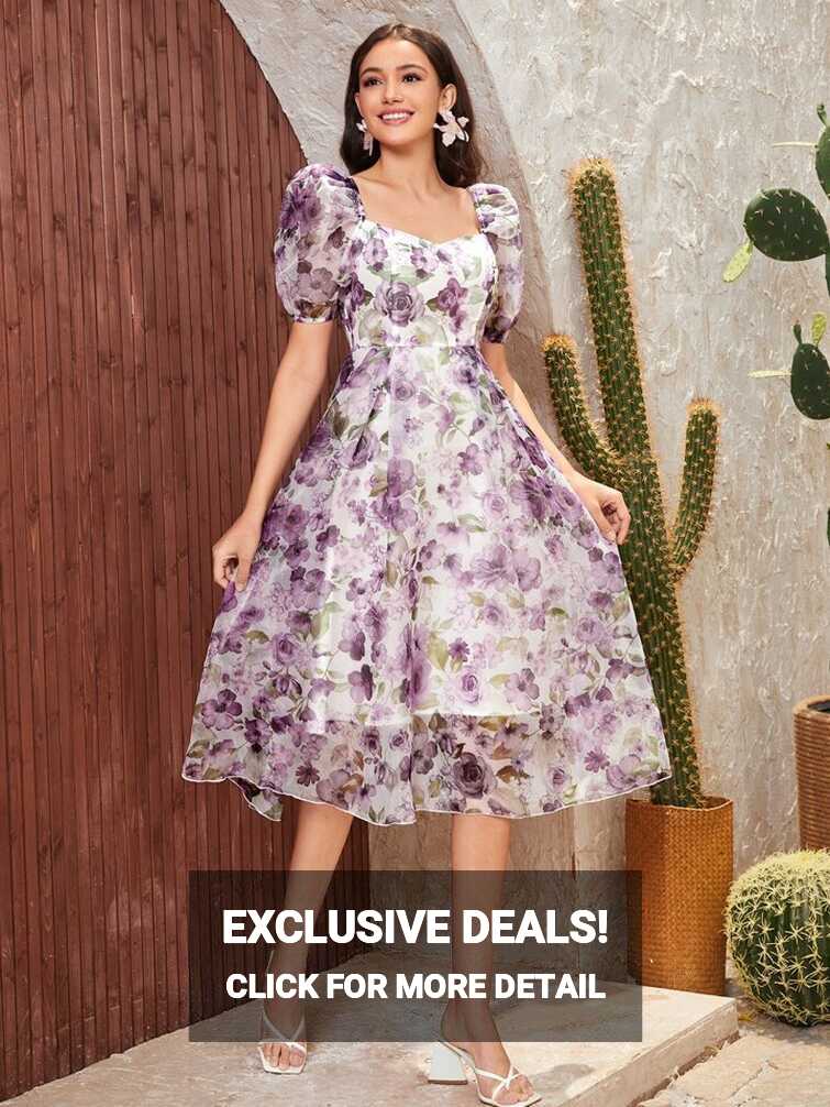 SHEIN Mulvari Allover Floral Print Puff Sleeve Dress | SHEIN