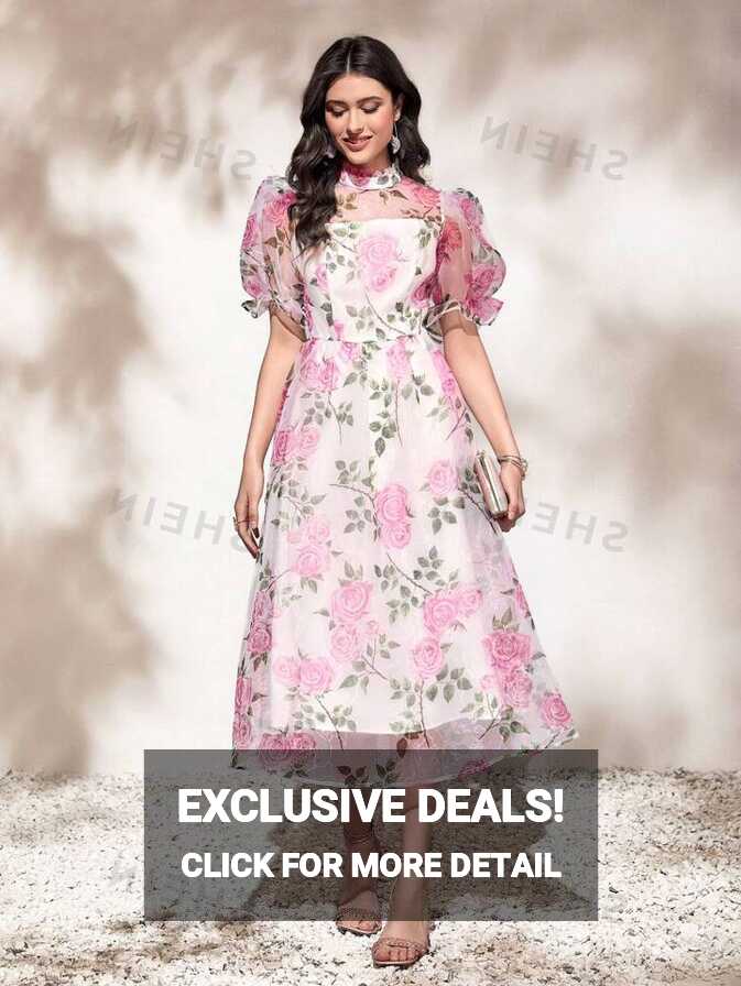 SHEIN Mulvari Floral Print Puff Sleeve Organza Overlay Dress ...