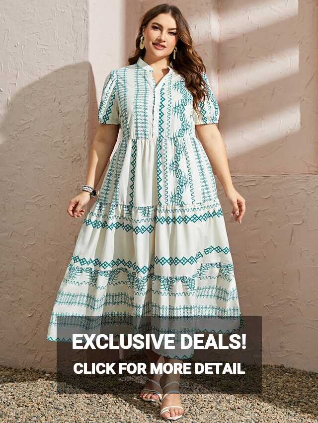 SHEIN Najma Plus Geo Print Notched Neckline Ruffle Hem Smock Dress ...