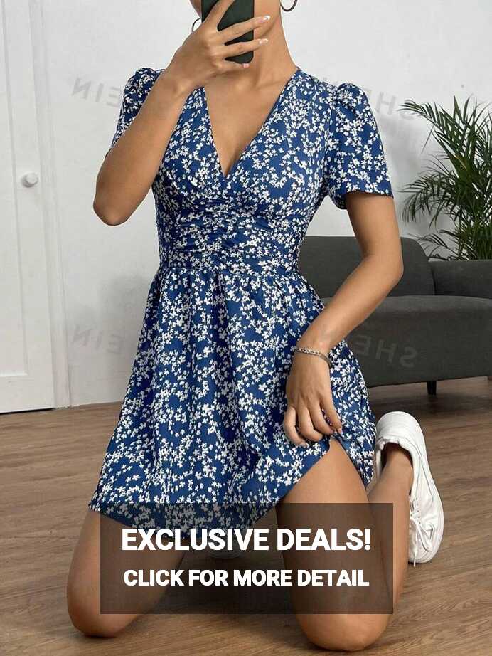 SHEIN PETITE Ditsy Floral Print Puff Sleeve Short Summer Dress ...