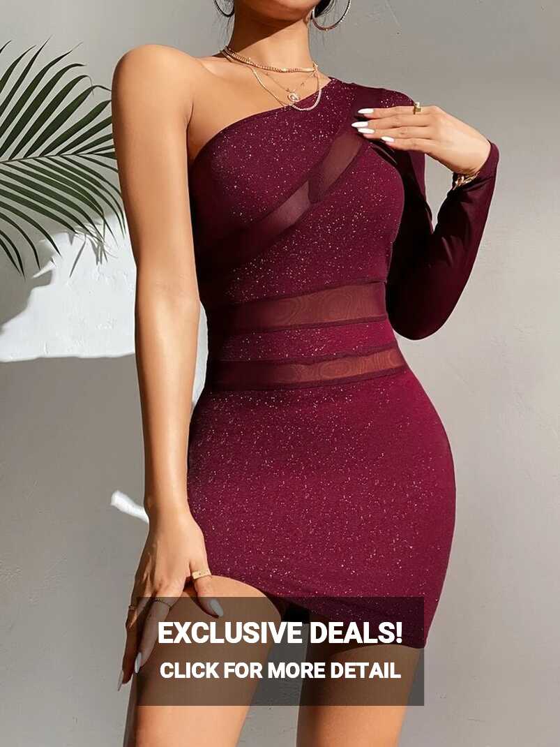 SHEIN PETITE Mesh Insert One Shoulder Glitter Bodycon Dress ...