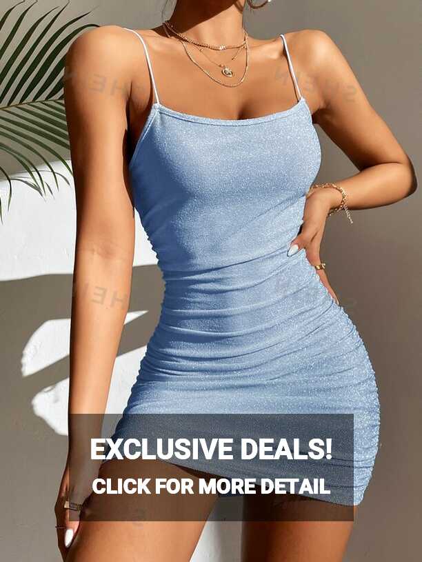 SHEIN PETITE Ruched Side Glitter Cami Bodycon Short Summer Dress ...