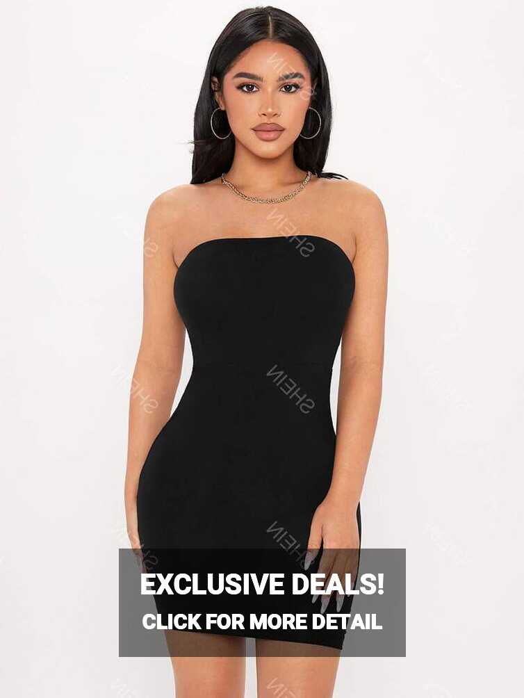 SHEIN PETITE Solid Bodycon Tube Black Dress | SHEIN USA