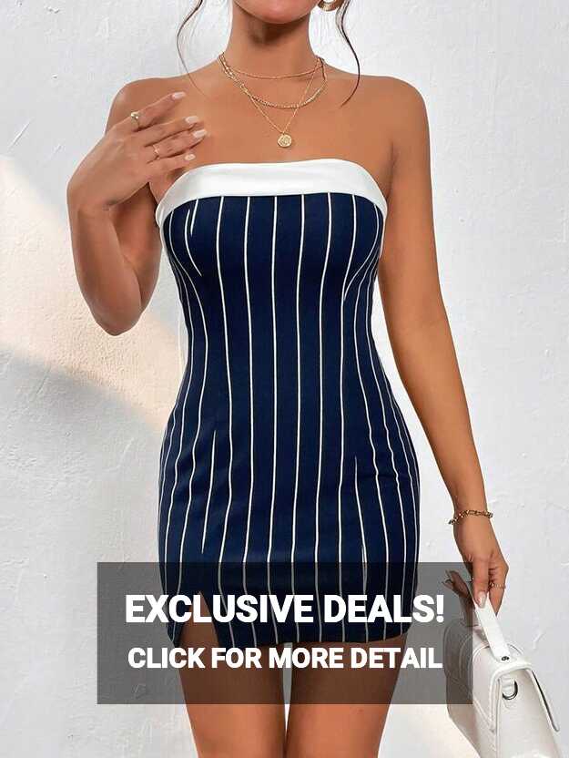 SHEIN PETITE Striped Print Split Hem Tube Bodycon Dress | SHEIN USA