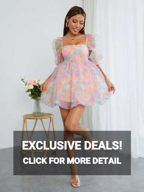 SHEIN PETITE Tie Dye Square Neck Puff Sleeve Organza Dress for ...