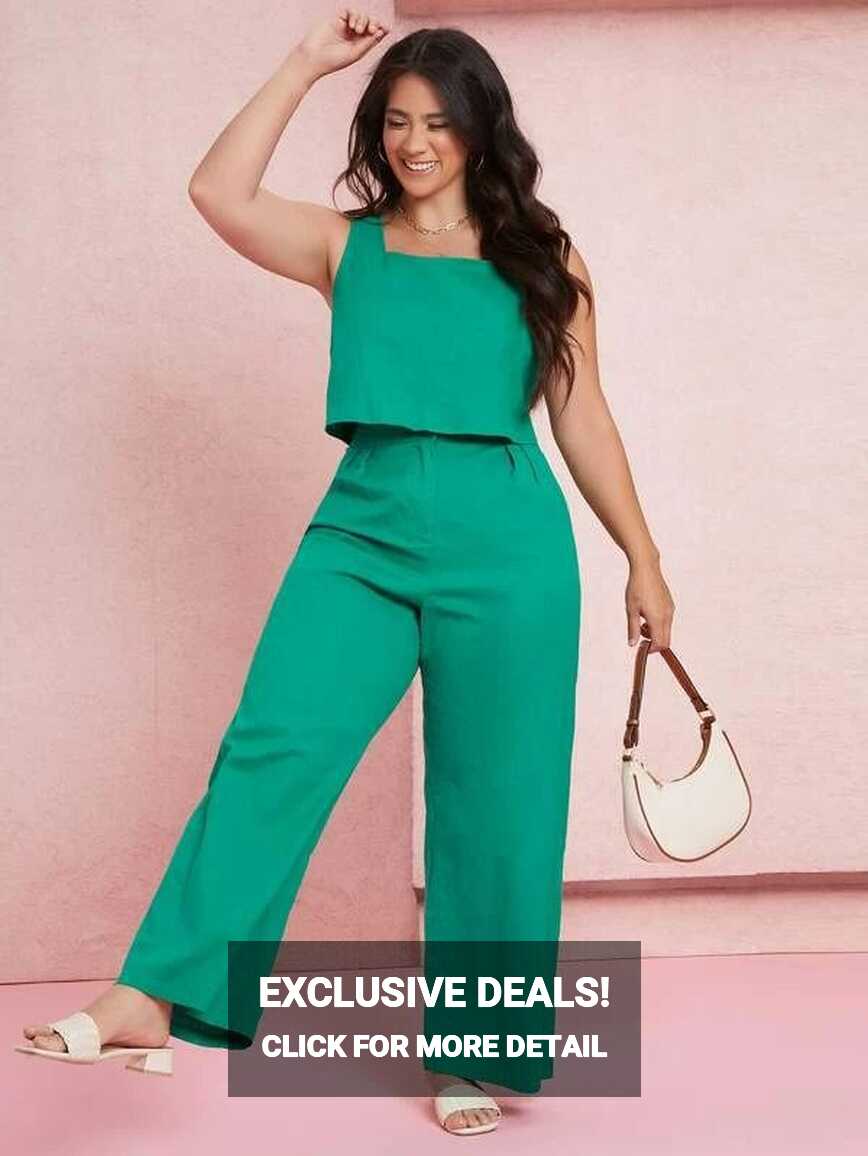 SHEIN Plus Solid Tank Top &amp; Wide Leg Pants Set | Trendy plus size ...