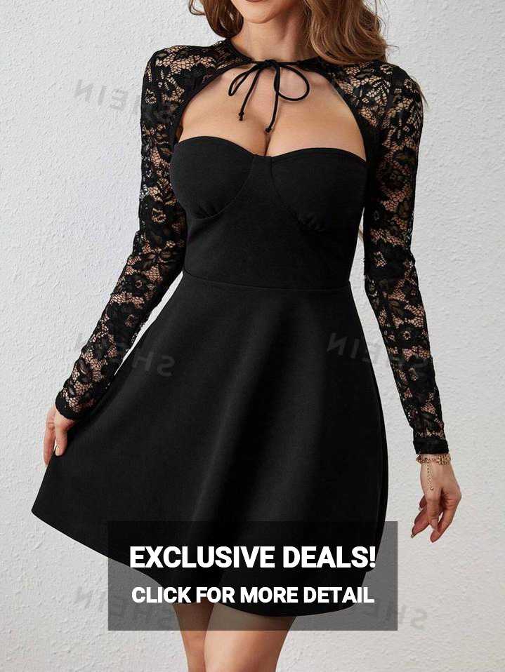 SHEIN Privé Fashionable Ladies&#39; Long Sleeve Black Lace Dress ...