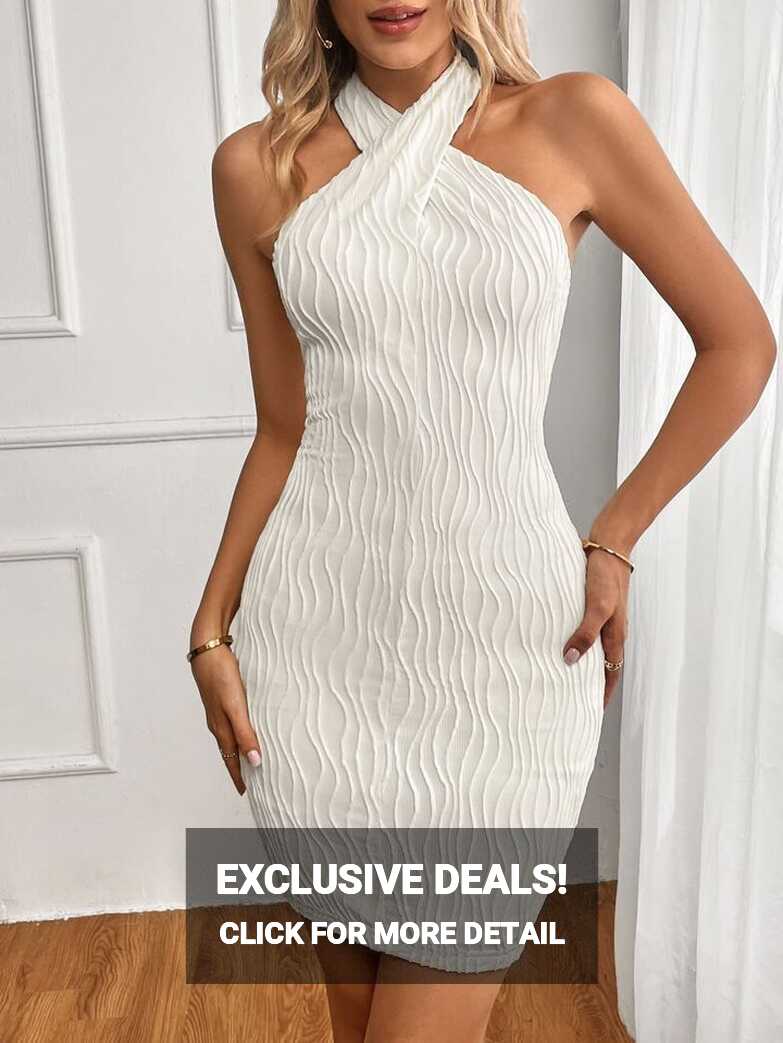 SHEIN Privé Solid Criss Cross Halter Neck Backless Bodycon Dress ...