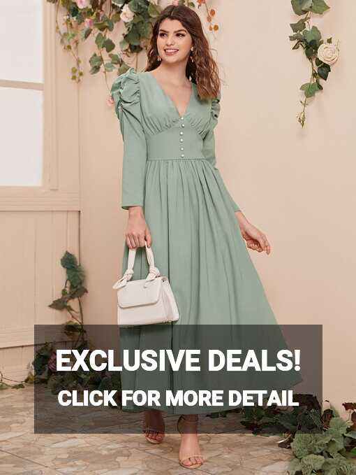 SHEIN Ruched Sleeve Wide Waistband Buttoned Dress