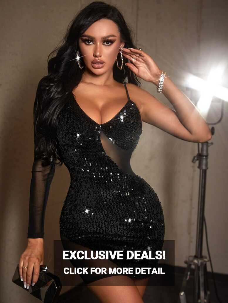 SHEIN SXY Contrast Mesh Single Sleeve Sequin Bodycon Dress | SHEIN USA