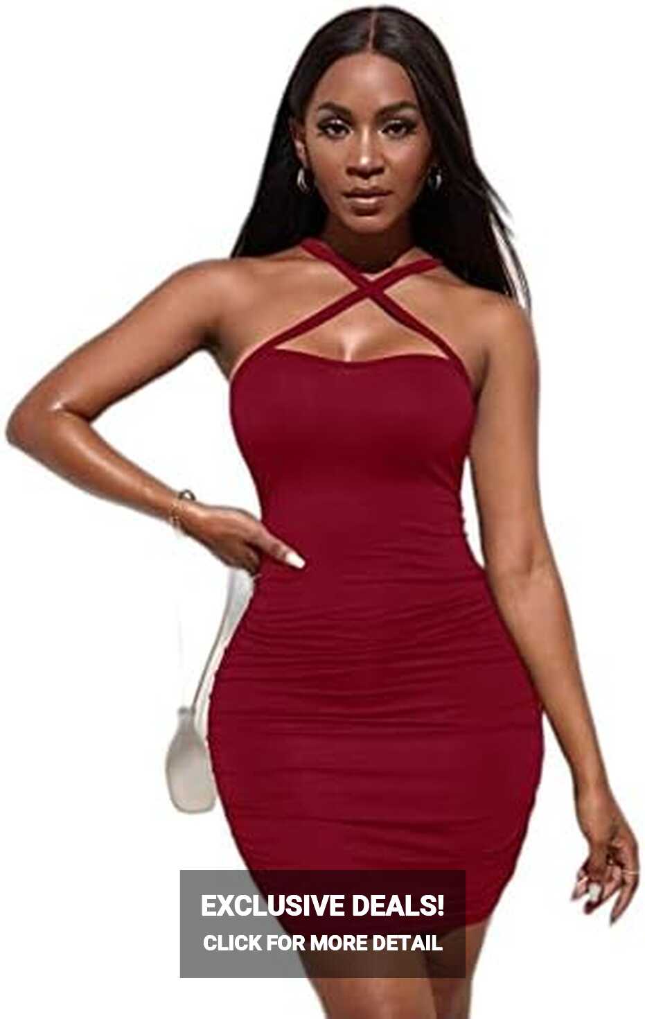 SHEIN SXY Criss Cross Bodycon Dress, M1507280, Burgundy, L : Buy ...